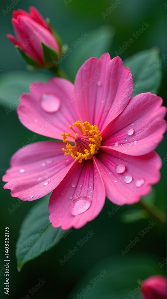 Obraz premium Vibrant pink cosmos flower with raindrops on lush green background. makara,vasuki,shesha,kala nag,samudra manthan,asura rahu India