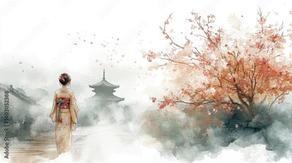 Obraz premium A serene watercolor scene featuring a woman in traditional attire, cherry blossoms, and a distant pagoda, evoking tranquility and cultural beauty.