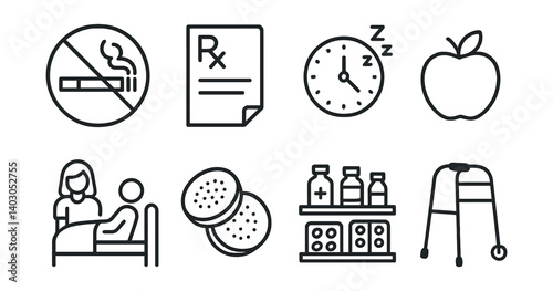 Set includes icons of a no smoking sign, prescription note, clock with sleeping z's, apple, patient with healthcare provider, coins, medicine bottles on a shelf, and a walker.
