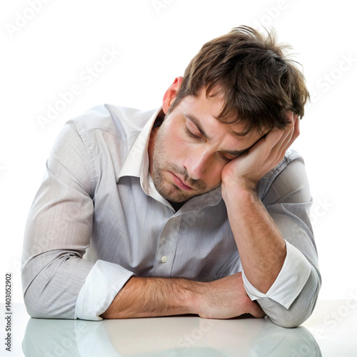 Tired man in a dress shirt, leaning forward with his head in hand, showing signs of fatigue and weariness.