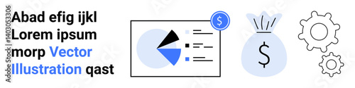 Pie chart and data overview, dollar bag indicating finances, cogwheels for process efficiency. Ideal for finance, business growth, investment insights, process improvement, analytics, budget