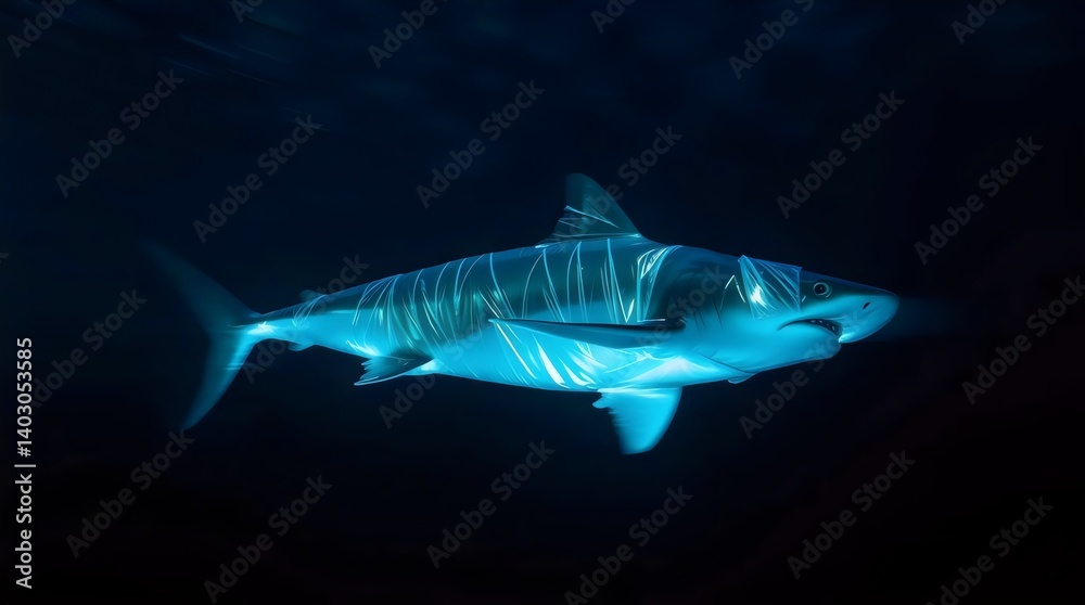 Obraz premium Striped shark glides through dark ocean depths bioluminescent markings glow underwater mystery