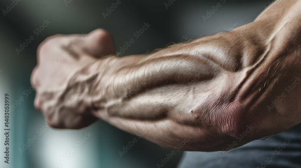 Fototapeta premium Close-up of a male athlete's biceps muscle, focusing on the muscles and veins, with copy space for text or design, strength training gym concept.