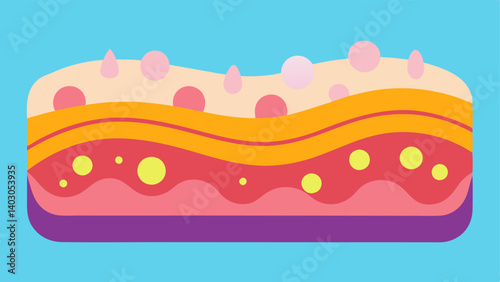 Skin Cell Graphic An illustration showing a crosssection of healthy skin cells layered with vibrant colors highlighting areas where collagen fibers are present.