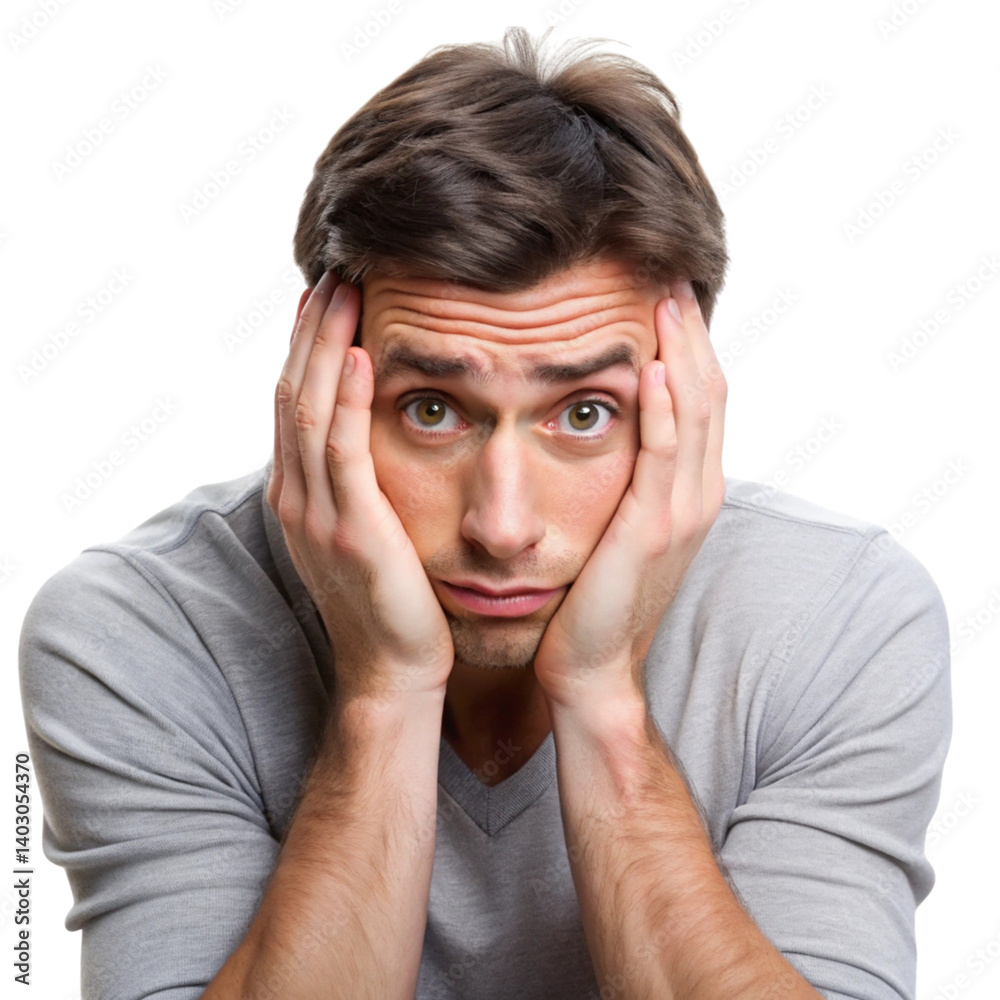 Frustrated man with hands on his face, expressing concern, stress, and worry against a white studio backdrop.