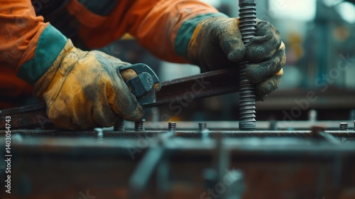Structural engineer tightening bolts on a steel framework. Featuring precision and safety