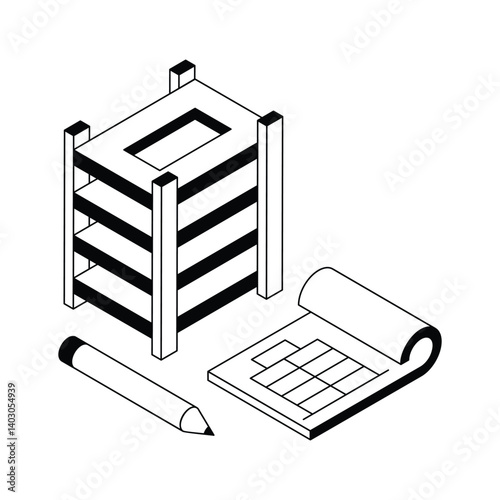 Trendy isometric outline icon showing building architectural plan