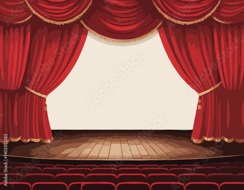 Scène de théâtre réaliste vectorielle avec rideaux de velours rouge ouverts