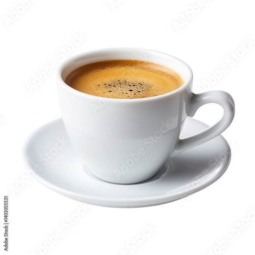 Doppio espresso in white ceramic cup and saucer, isolated on white