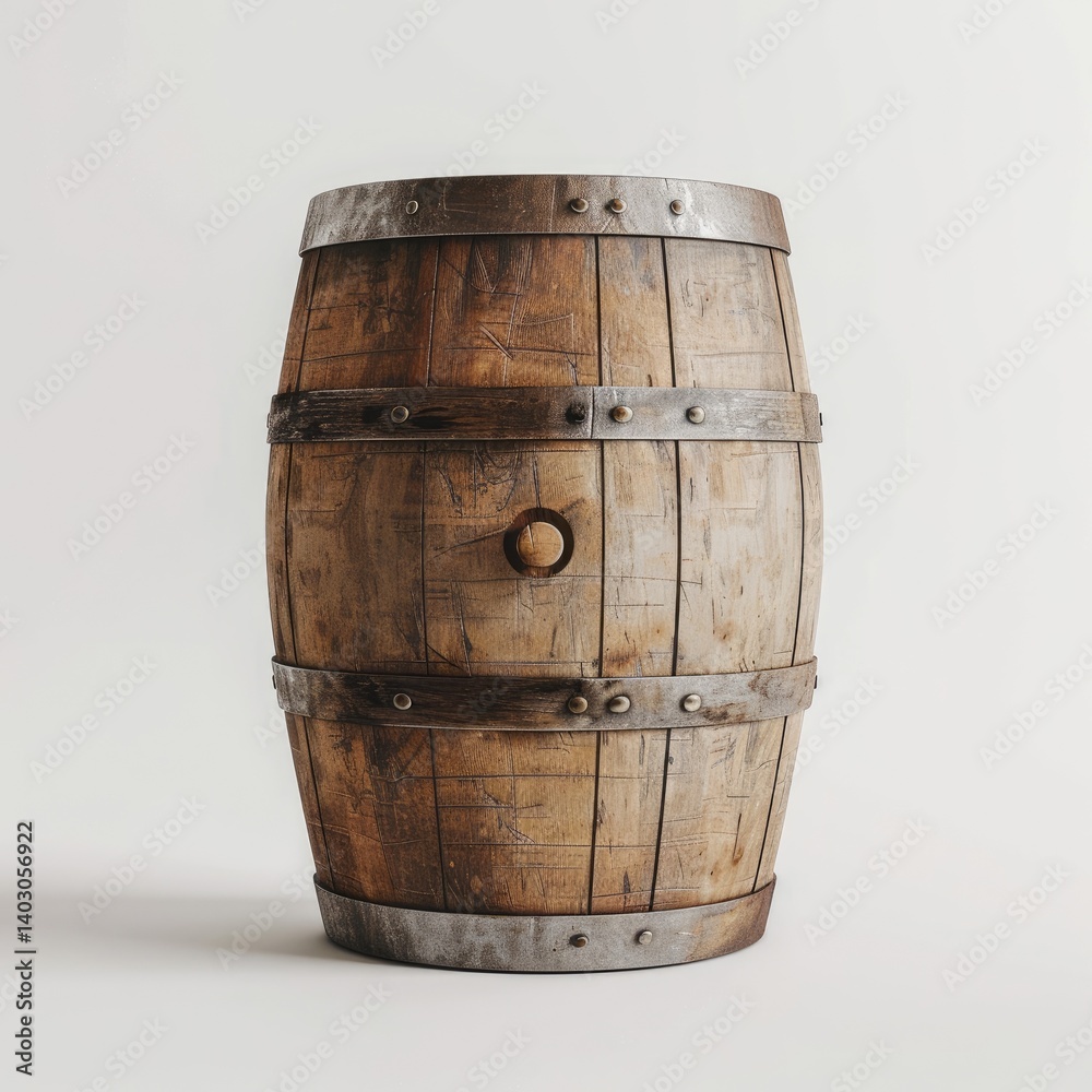 Fototapeta premium Aged wooden barrel, rustic and weathered. A vintage style container, likely for aging liquids