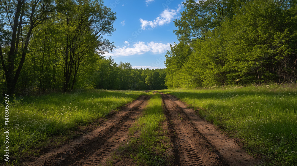 A quiet dirt path with tire tracks leads through a lush forest under a clear blue sky, surrounded by trees. A quiet dirt path with tire tracks leads through a lush forest under a clear blue sky, surrounded by trees.