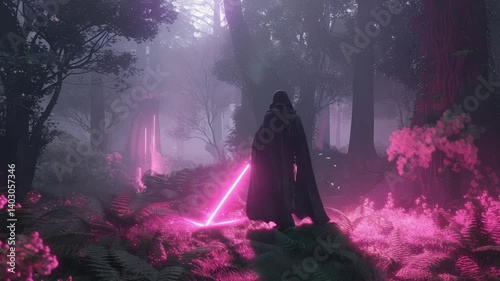 Silhouette in Dark Foggy Forest with Glowing Pink Light