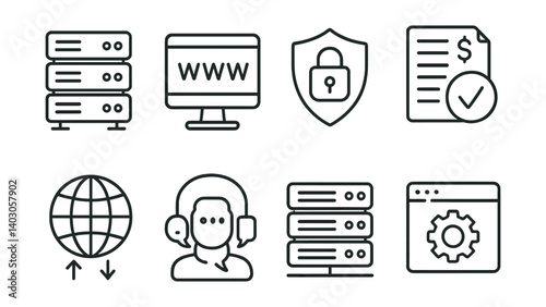 Set of icons including a server, a computer monitor with "WWW," a security shield with a lock, a document with a check mark, a globe, a customer service headset, another server.