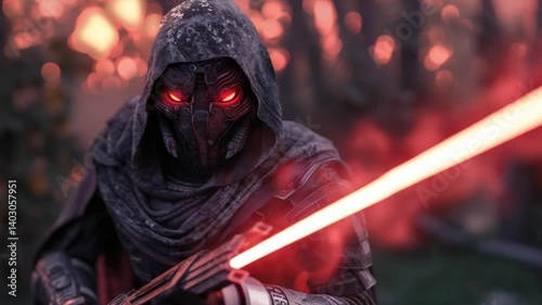 Hooded Warrior with Glowing Red Lightsaber in Fiery Dark Background