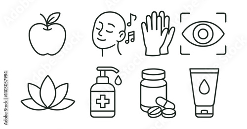 Set of icons: apple, face with music, hand, eye, lotus, soap, pills, tube.