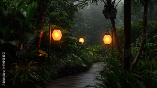 Misty jungle path lit by warm lamps