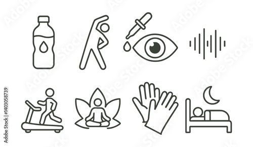 Set of icons: water bottle, stretching, eye drop, sound wave, treadmill, meditation, gloves, bed.
