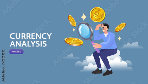 A concept of searching for financial opportunities, this vector art shows a man examining Euro and gold coins. Perfect for topics on currency exchange, economic forecasting, and investment strategy.