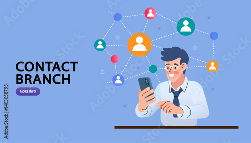 Business contact network and CRM concept. A businessman uses his smartphone app to manage a directory of customers or company branches, representing a modern communication and organizational system.