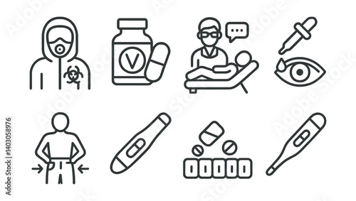Set of icons: person in protective clothing, medication bottle with pills, healthcare worker with patient, eye with dropper, back pain illustration, digital thermometer, hand sanitizing.