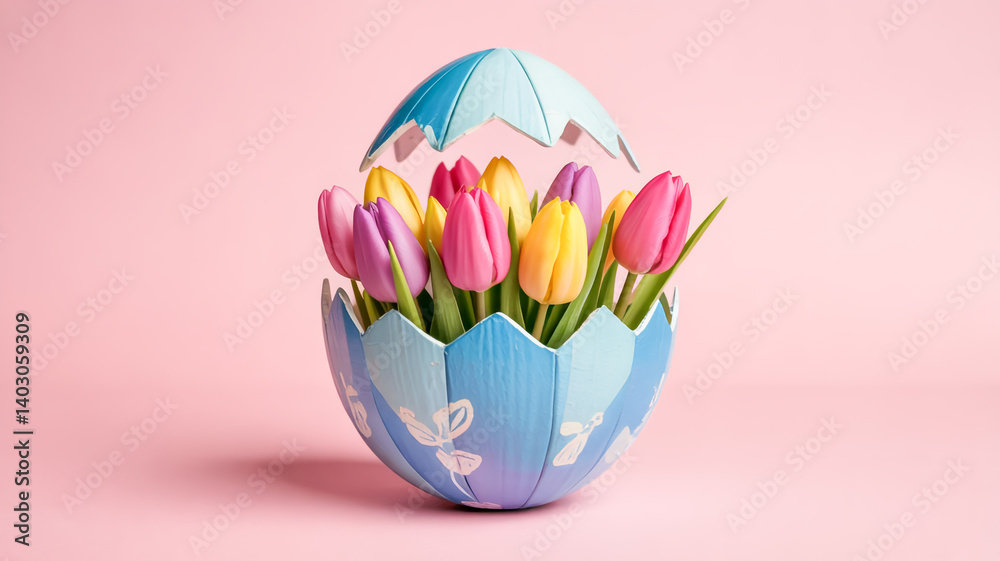 Easter charm in the air colorful tulips peeking through an egg shaped aperture set against a soft pastel pink backdrop ready for your spring greetings Easter charm in the air colorful tulips peeking through an egg shaped aperture set against a soft pastel pink backdrop ready for your spring greetings