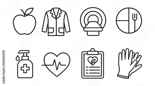 Set: apple, doctor coat, MRI machine, basketball, sanitizer, heart rate, medical clipboard, gloves.