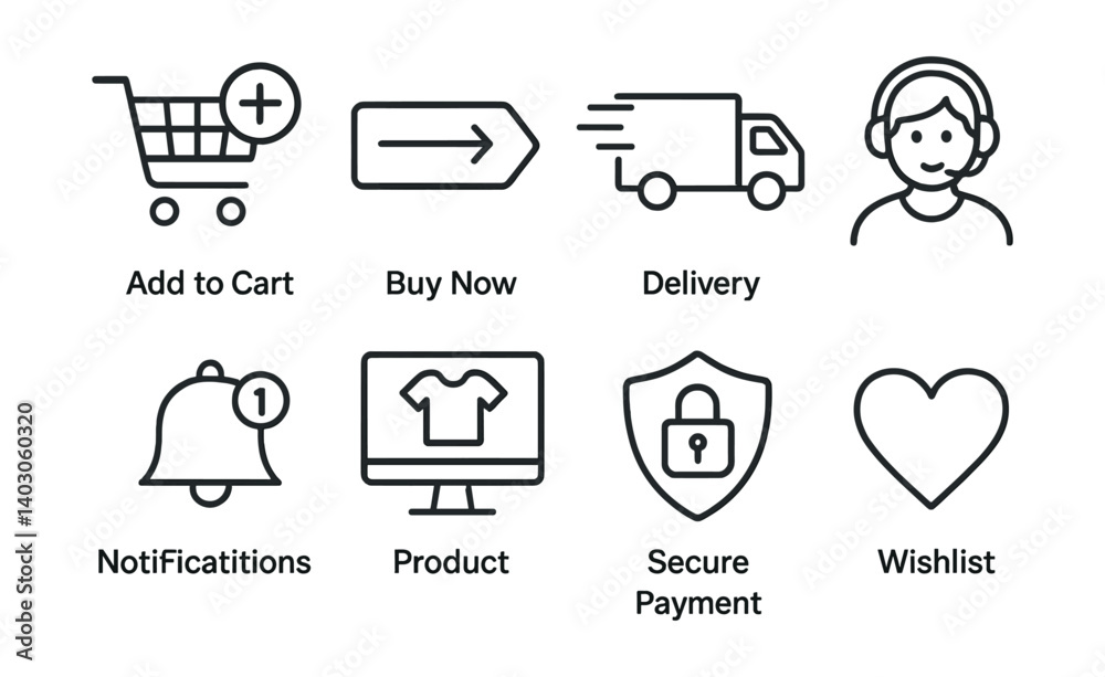 Set of e-commerce icons: Add to Cart, Buy Now, Delivery, Notifications, Product, Secure Payment, Wishlist. Set of e-commerce icons: Add to Cart, Buy Now, Delivery, Notifications, Product, Secure Payment, Wishlist.