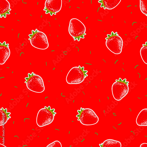 Glossy candy bars shaped like bold strawberries. Seamless pattern with dessert on a red background.