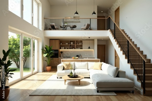 Sunlit open-plan living space Mezzanine level, sectional sofa, kitchen island, plants, wooden floors and stairs , interior design, minimalist