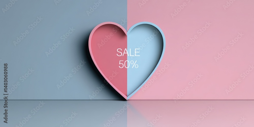 Heart shape 3d rendering with text ‘SALE 50%’ for promotional materials, discount offers and seasonal sales. Heart shape 3d rendering with text ‘SALE 50%’ for promotional materials, discount offers and seasonal sales.