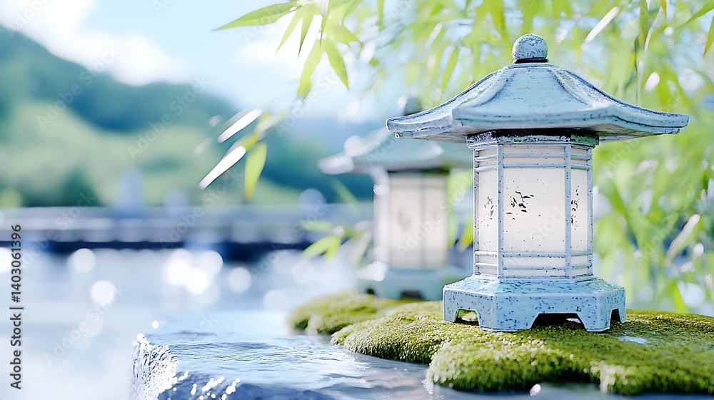 Tranquil Bamboo Forest with Japanese Lanterns on Soft Mossy Stones Tranquil Bamboo Forest with Japanese Lanterns on Soft Mossy Stones