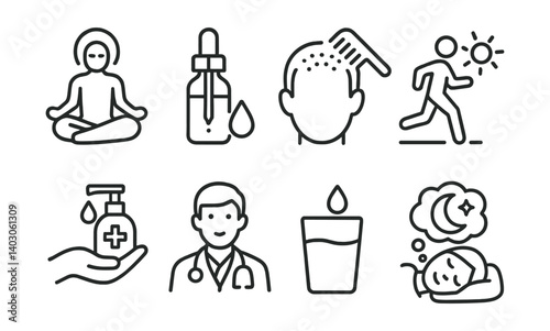 Set with yoga, dropper, scalp, running, soap, doctor, water, sleeping icons.