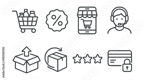 Set of icons: shopping cart, discount percentage, online store, customer support, package delivery, return package, star ratings, credit card with lock.