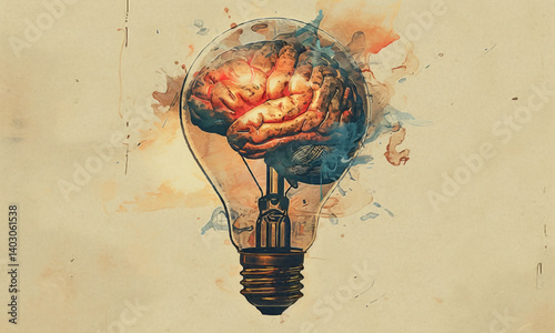 illustration of brain inside of light bulb with concept of idea or brainstorm against beige background
