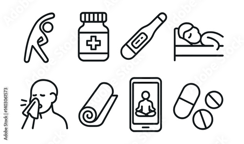 Set includes stretching, medicine, thermometer, sleeping, sneezing, yoga mat, meditation app, pills.