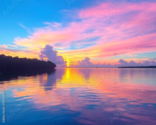 Vibrant Sunset with Tropical Sea Reflection.