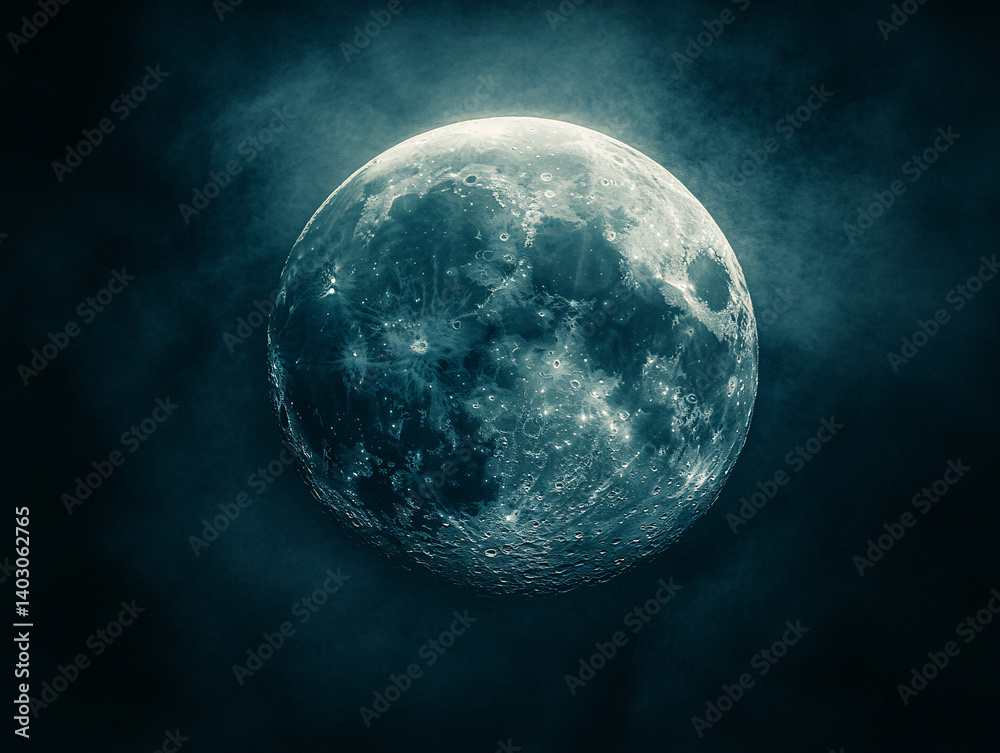 a bright, detailed view of the moon glowing in the night sky, partially obscured by dark tree branches in the foreground. The moon's surface is illuminated with a warm light