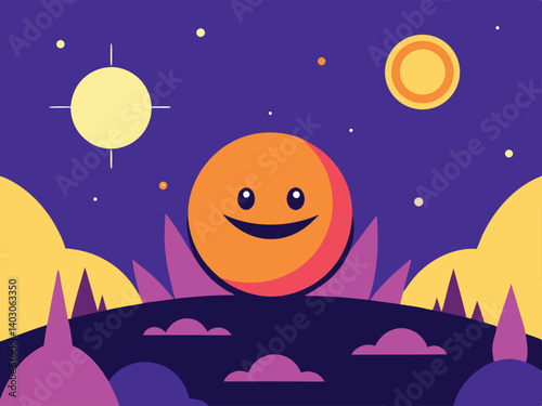 smiling cartoon character in an alien landscape