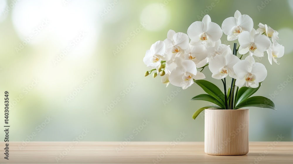 A stunning display of white orchids in a simple pot adds vibrancy and elegance to a serene, natural setting, embodying beauty and nature in modern decor. A stunning display of white orchids in a simple pot adds vibrancy and elegance to a serene, natural setting, embodying beauty and nature in modern decor.