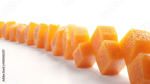 Close-up of a line of hexagonally cut carrot pieces arranged on a white background.  The vibrant orange color and texture are highlighted.