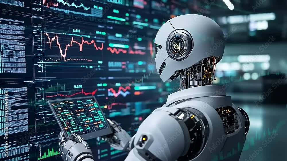 Futuristic robot analyzing data on a tablet in a high-tech environment with graphs and screens Futuristic robot analyzing data on a tablet in a high-tech environment with graphs and screens