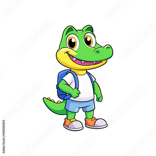 Cute Cartoon Alligator Character with Backpack photo