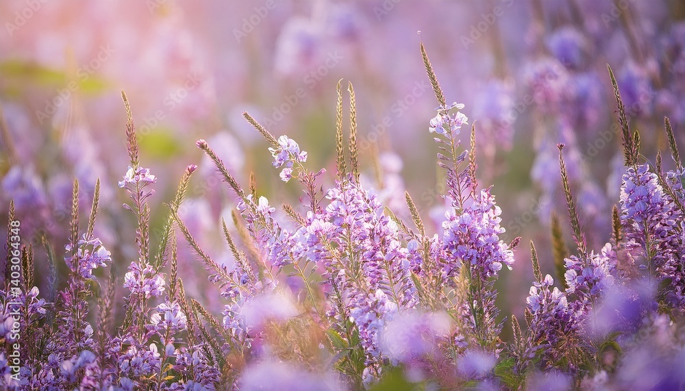 Naklejka premium Abstract floral backdrop of crested serpent sweet purple flowers in the field with soft style