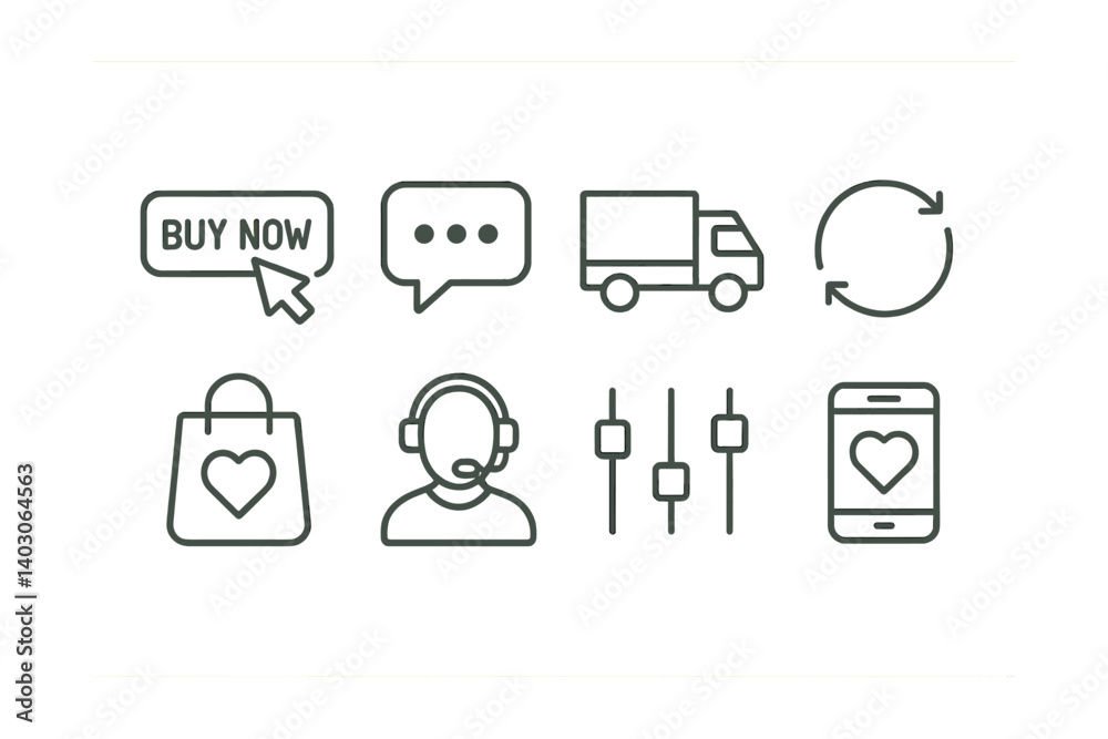 Set of icons: buy now button, chat bubble, delivery truck, refresh, shopping bag with heart, customer service, control sliders, smartphone with heart. Set of icons: buy now button, chat bubble, delivery truck, refresh, shopping bag with heart, customer service, control sliders, smartphone with heart.