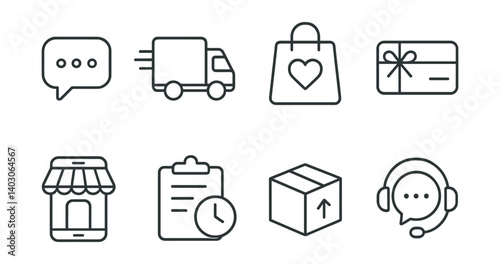 Set includes chat, delivery, shopping bag, gift card, store, clipboard, box, support.