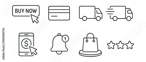 Set of icons: buy, credit card, delivery trucks, mobile, notification, shopping bag, stars.