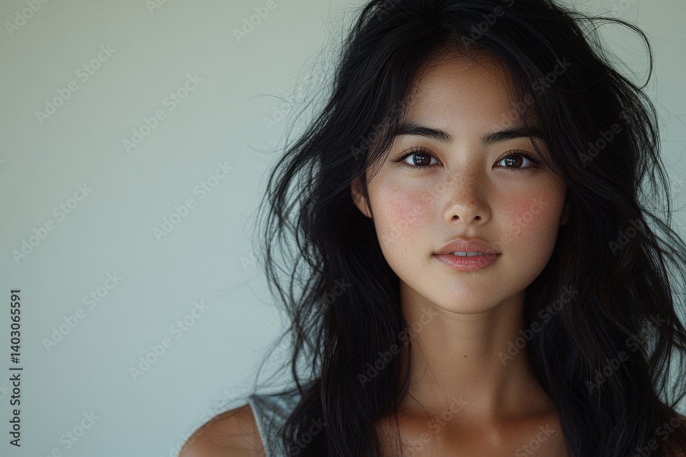 Portrait of a young woman with dark hair, gazing at the camera serenely Portrait of a young woman with dark hair, gazing at the camera serenely