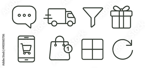 Set of icons: chat, delivery truck, filter, gift, mobile cart, shopping bag, grid, refresh.
