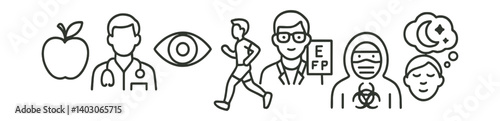 Set of icons: apple, doctor, eye, runner, glasses, eye chart, biohazard, thought.