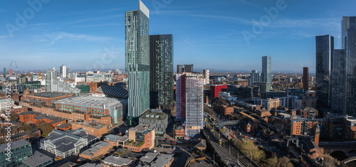 Photography Aerial view of Manchester, UK, showcasing Beetham Tower, the Manchester Central Convention Complex, and a mix of historic and modern architecture